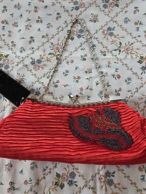Red Beaded Evening Clutch with Chain Strap